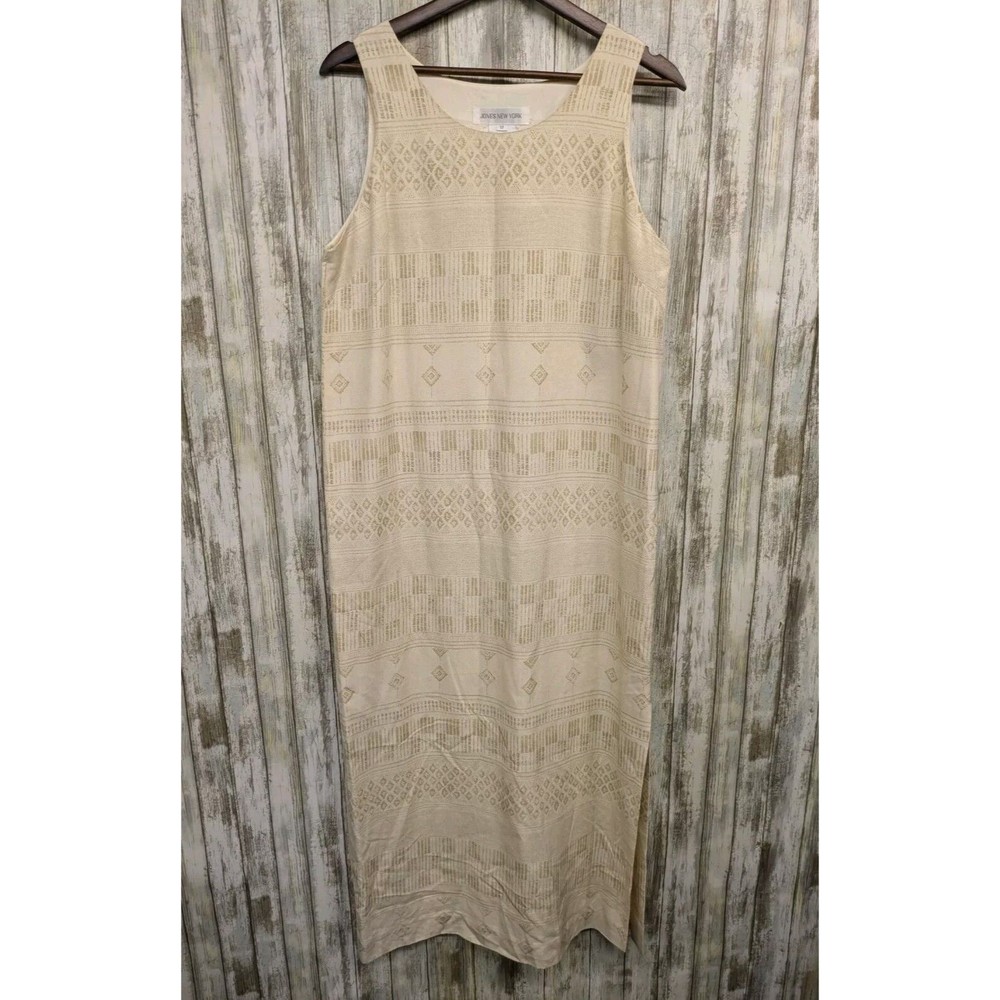 Jones New York 100% Silk Maxi Dress Cream Sleeveless Geometric Side Slit 12 NWT